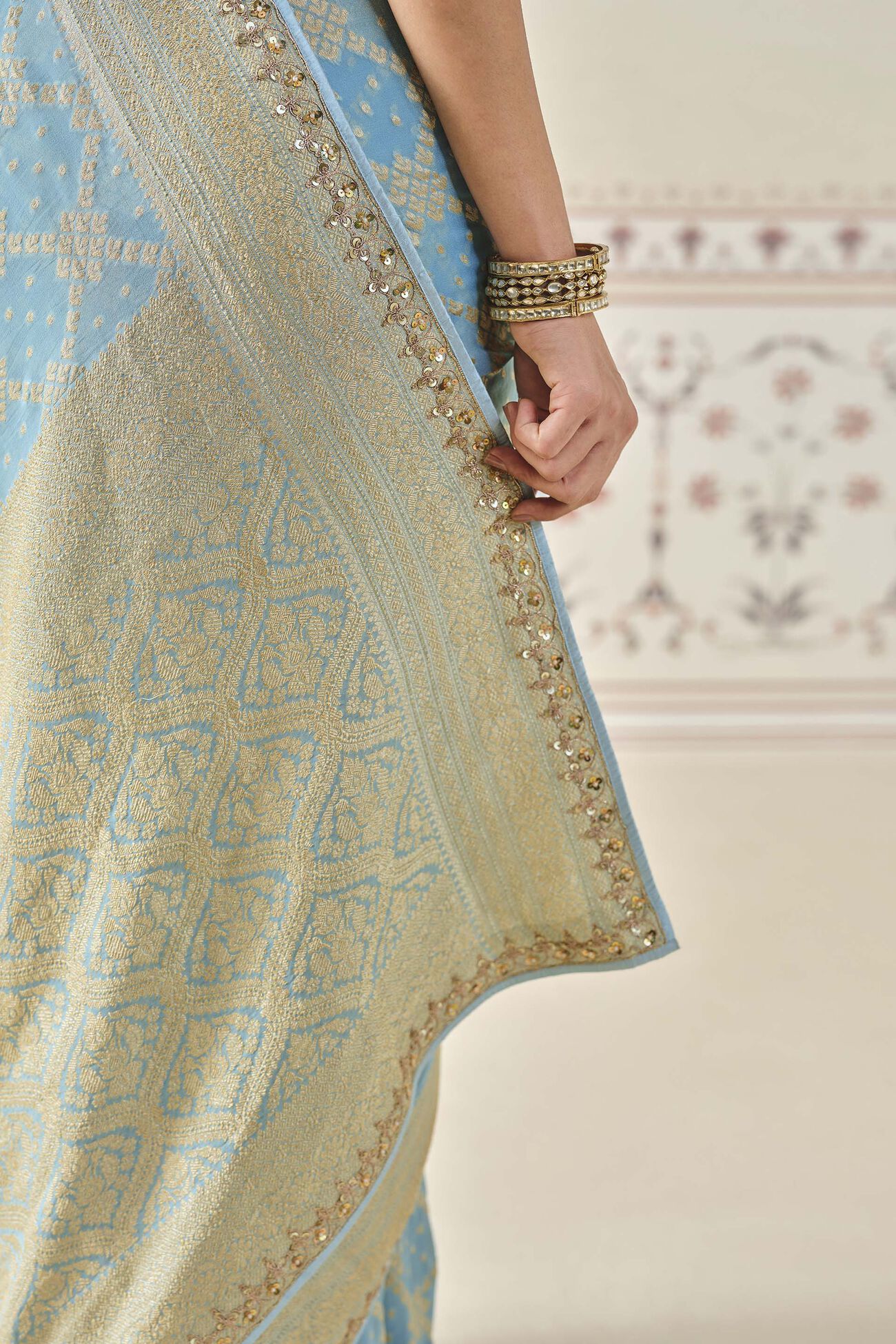 Gul Handwoven Benarasi Gota Patti Silk Saree, Powder Blue, image 5